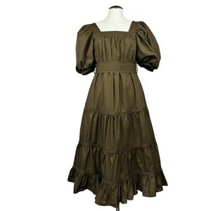 En Saison Women's Dress Size XS Olive Green Tiered Maxi Square‎ Neck Puff Sleeve